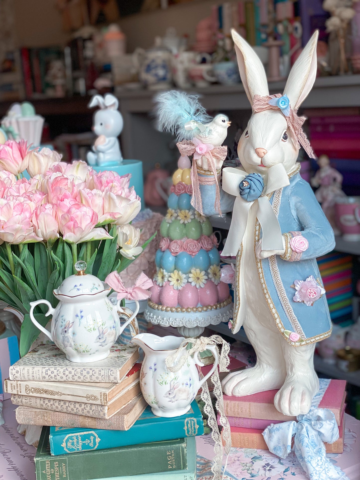 Sugar and Creamer set with watercolor bunny scene