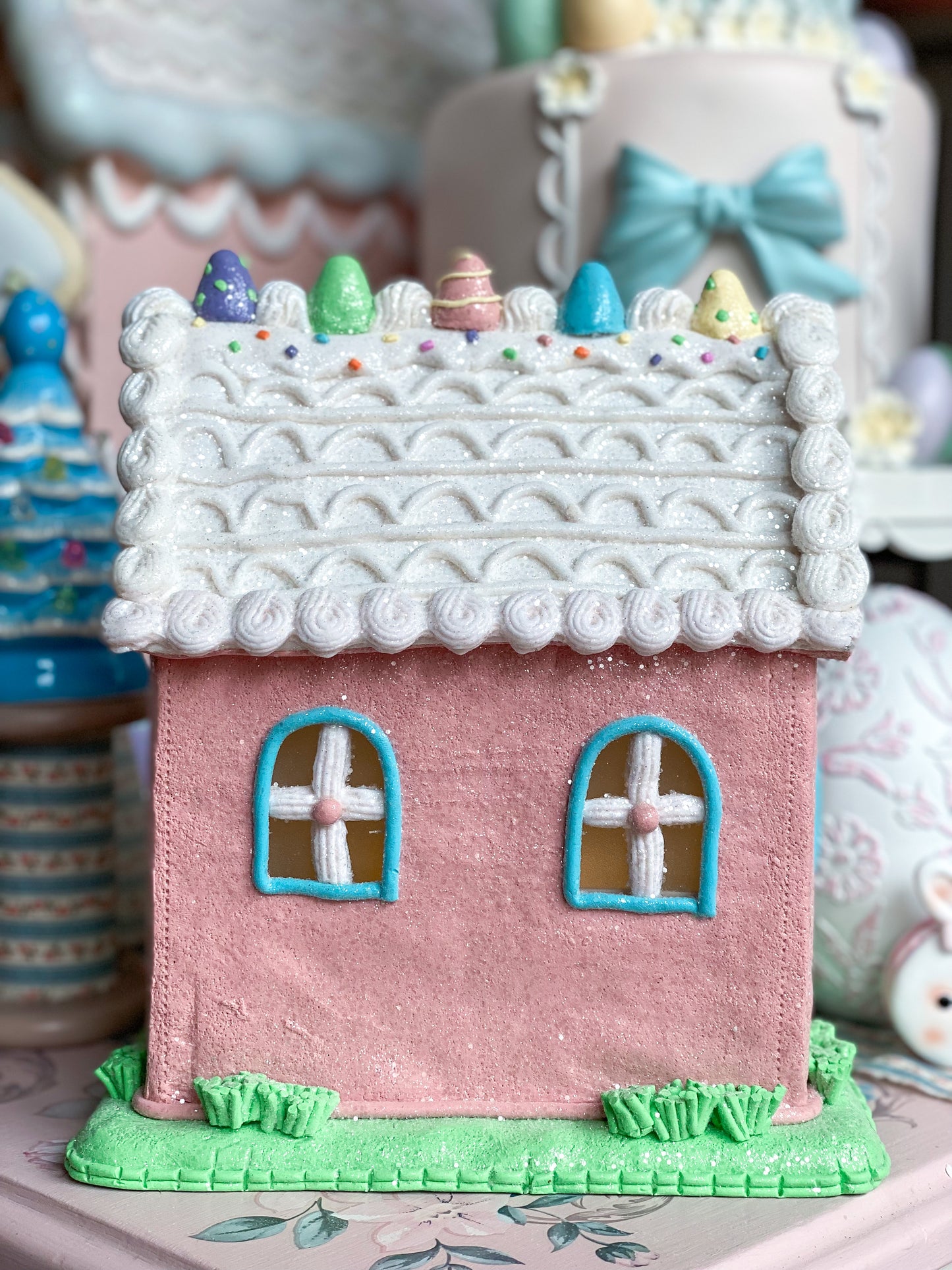 Pastel Pink, Blue, Purple LED light up Claydough Easter Gingerbread House