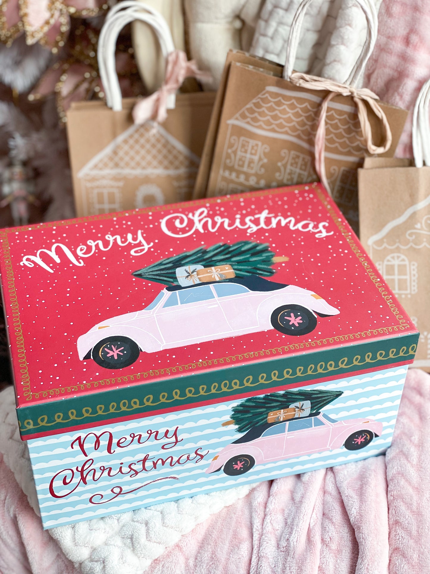Merry Christmas Pink Car Large Gift Box