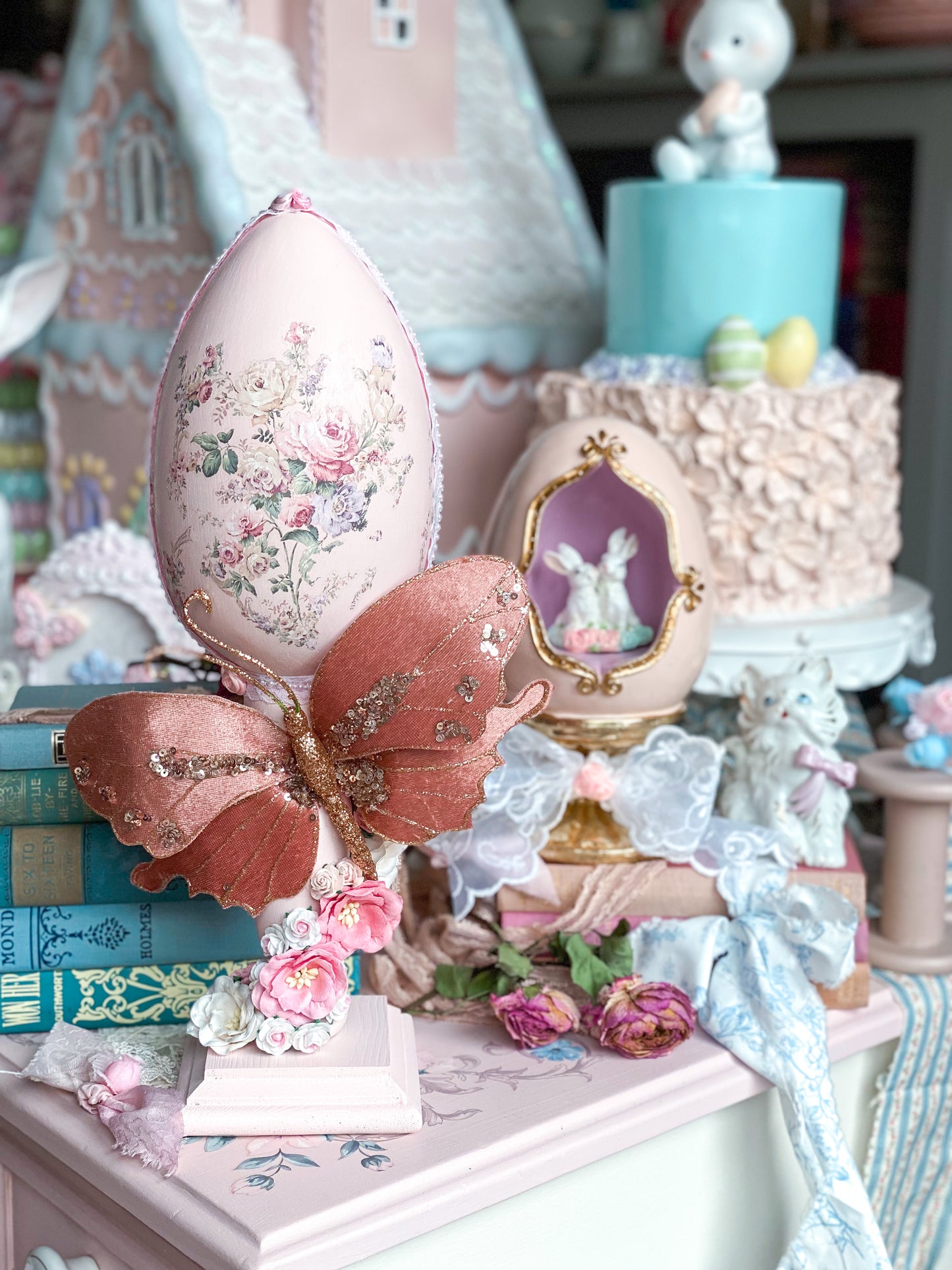 Bespoke Pink Shabby Chic Egg Finial with Pink Butterfly