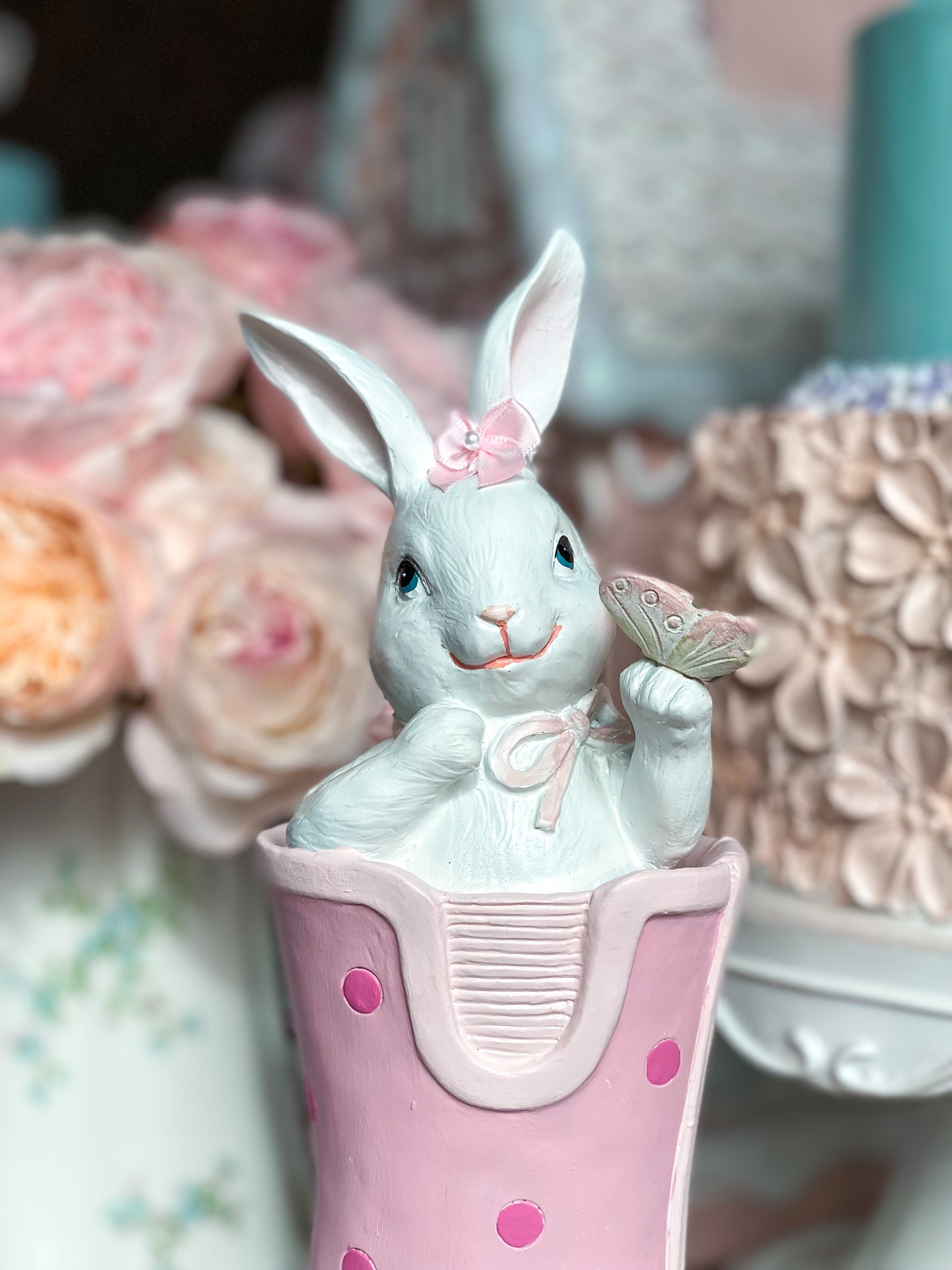 Bespoke Easter Bunny in Pastel Pink Wellie Boot holding Butterfly