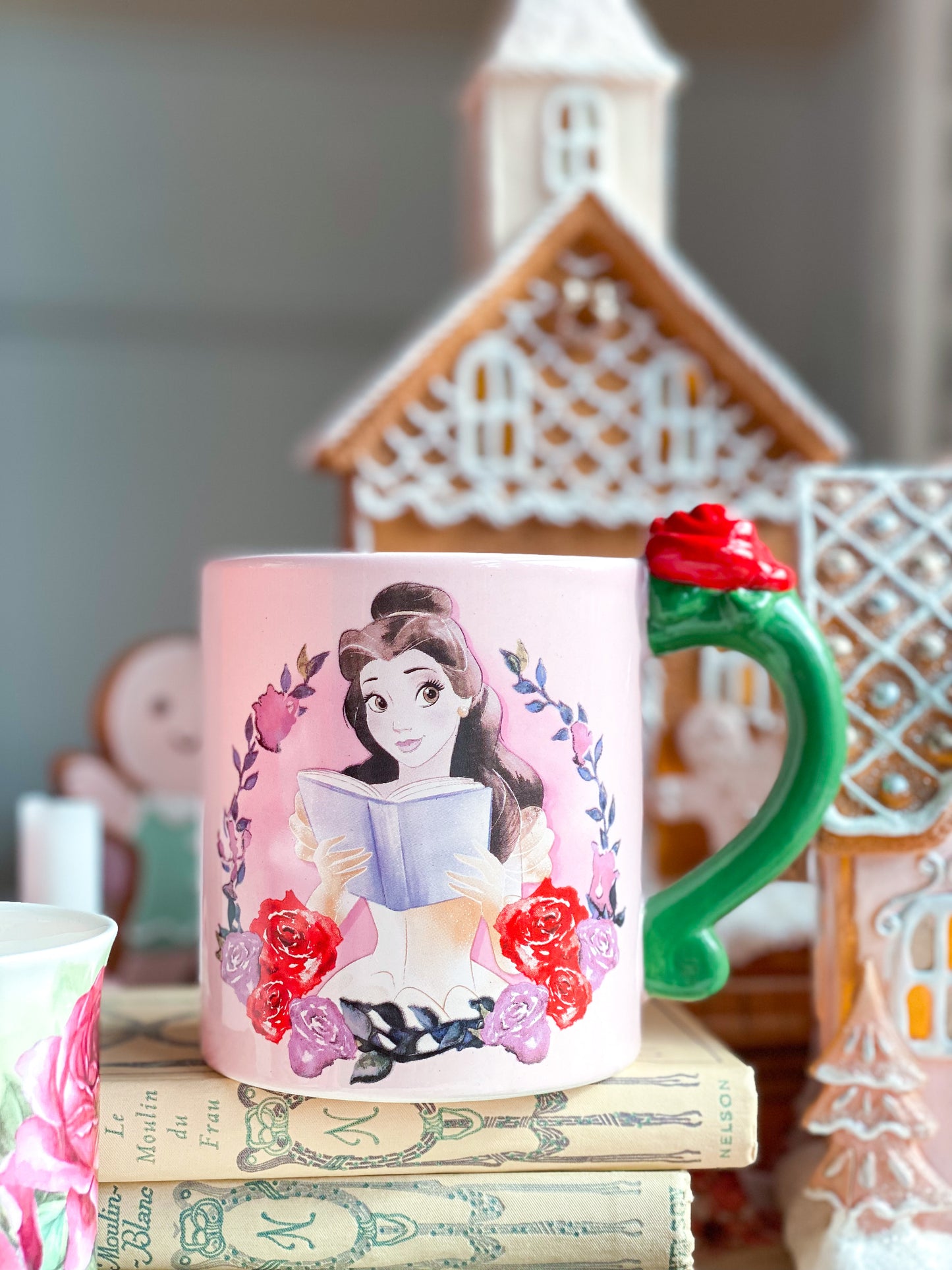 Pastel Pink Belle Reading A Book Mug with Rose Handle Disney Beauty and the Beast