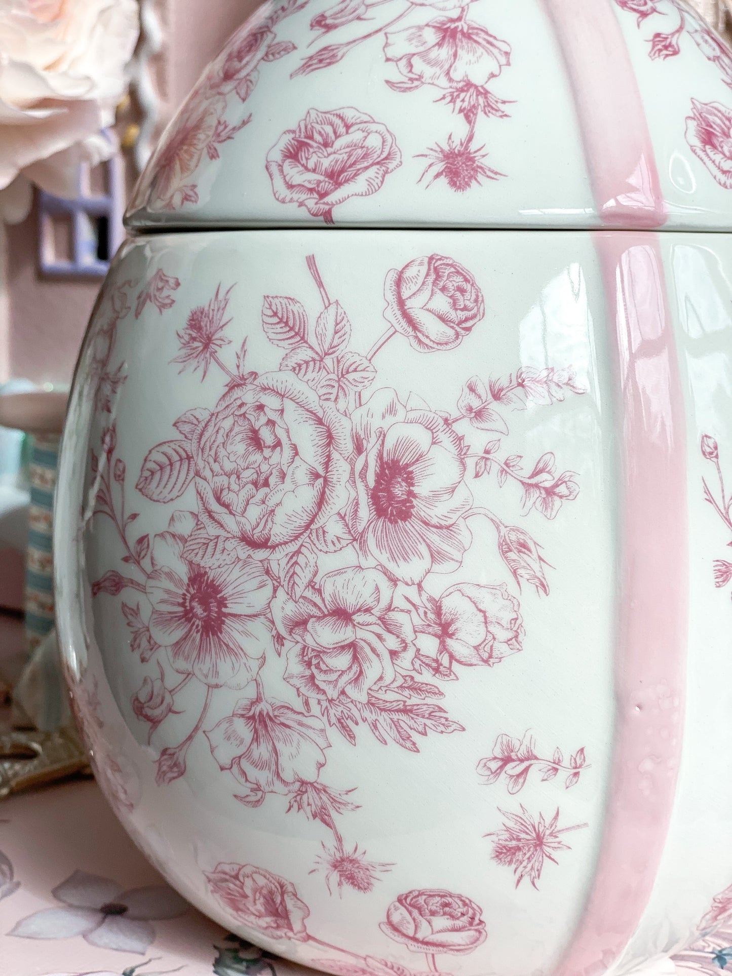 Pink Floral Toile Egg Cookie Jar