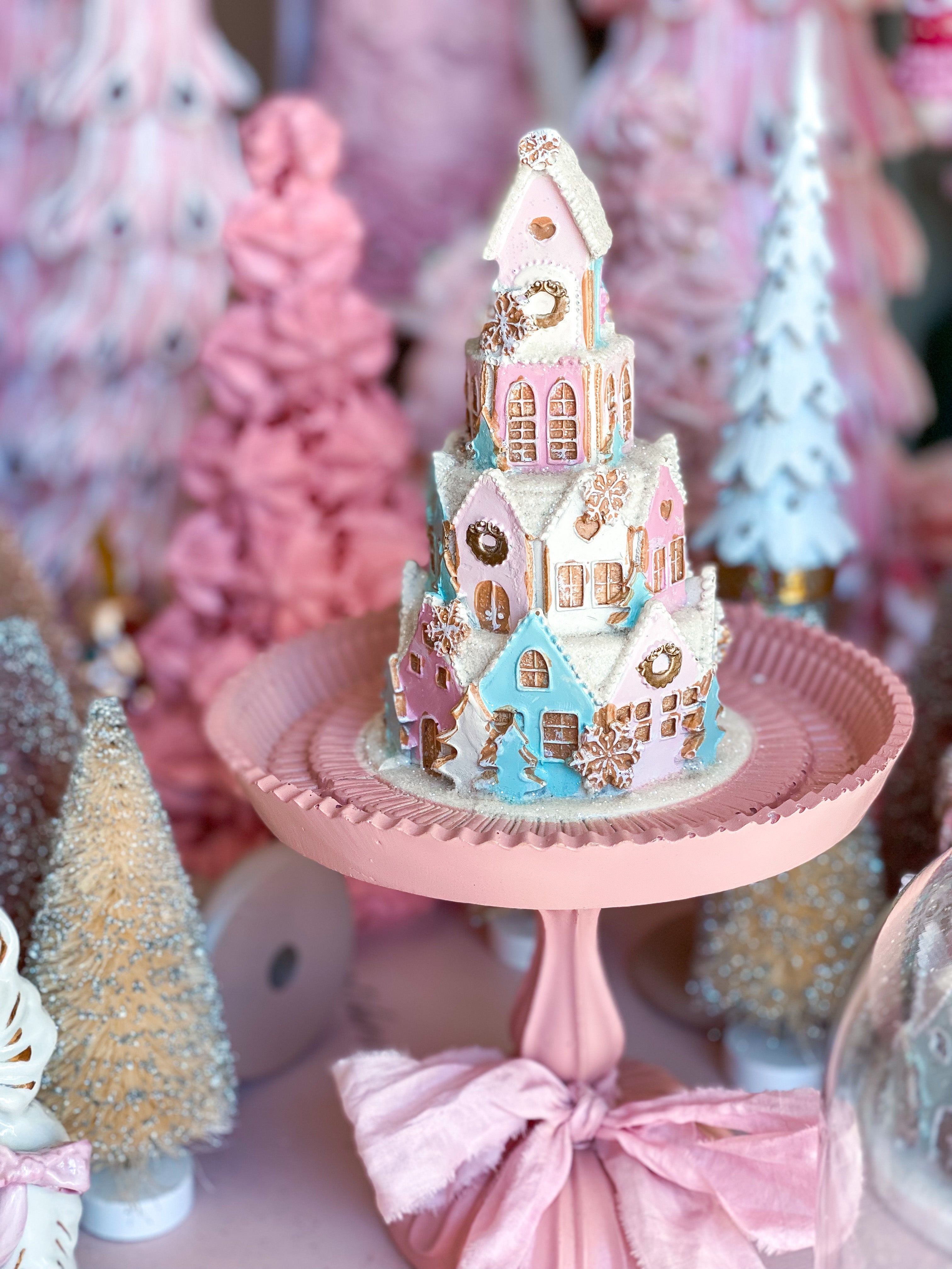 Pink top pastel gingerbread house castle tree lot