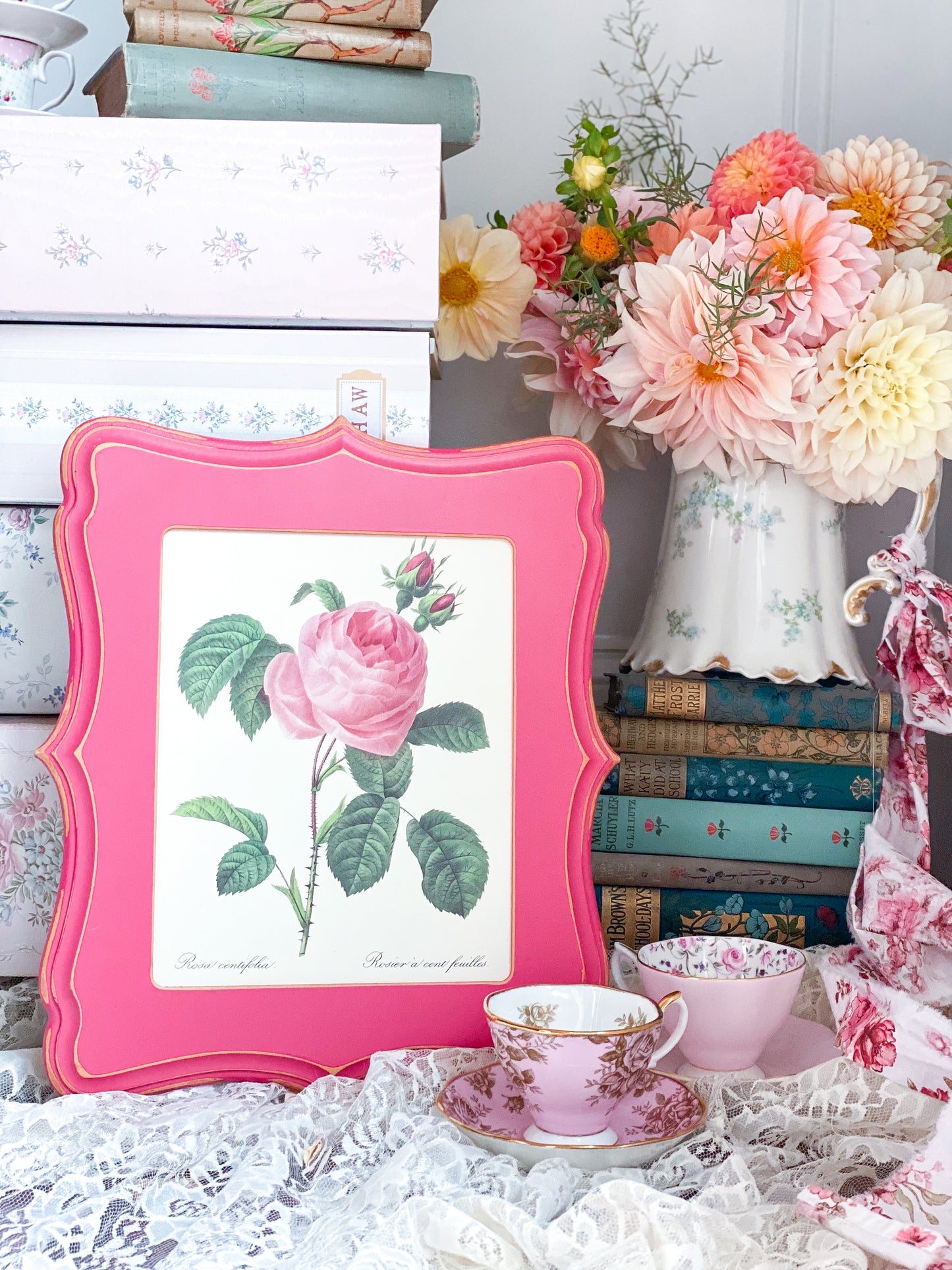 Pink Frame Redoute Rose Book illustration