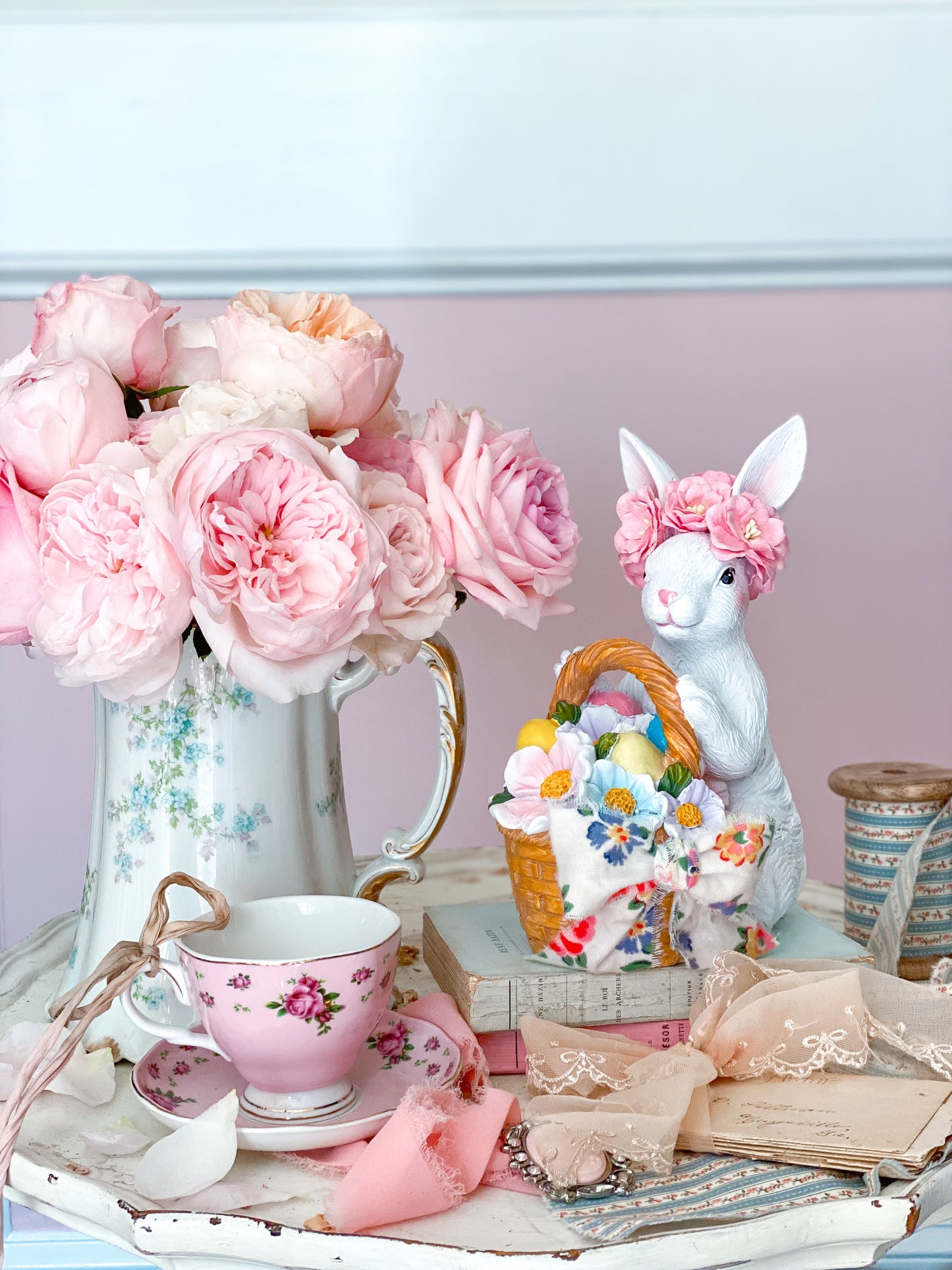Bespoke Pastel Pink Easter Bunny with Flower Basket