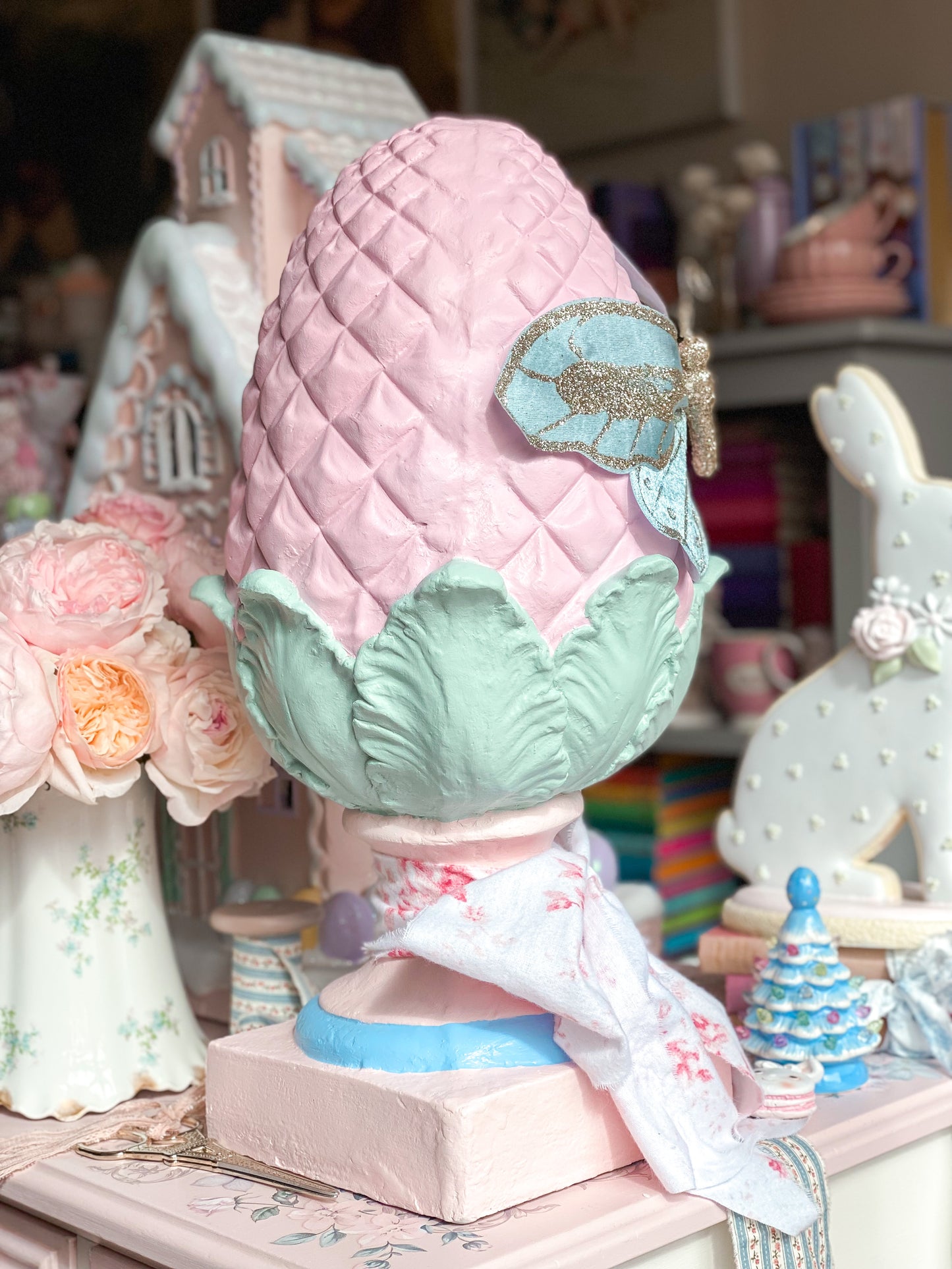 Bespoke Large Pink Egg Finial with Blue Butterfly