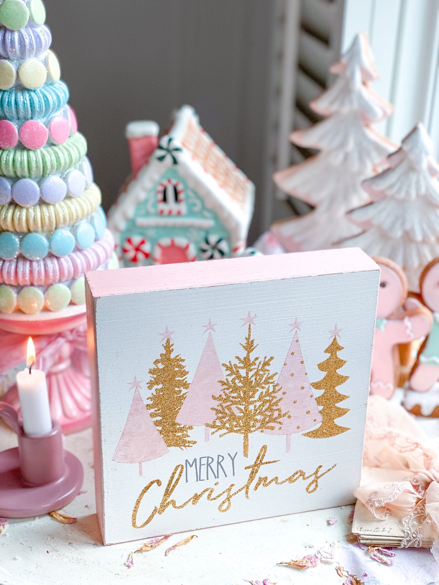 Pink and Gold Merry Christmas sign with trees