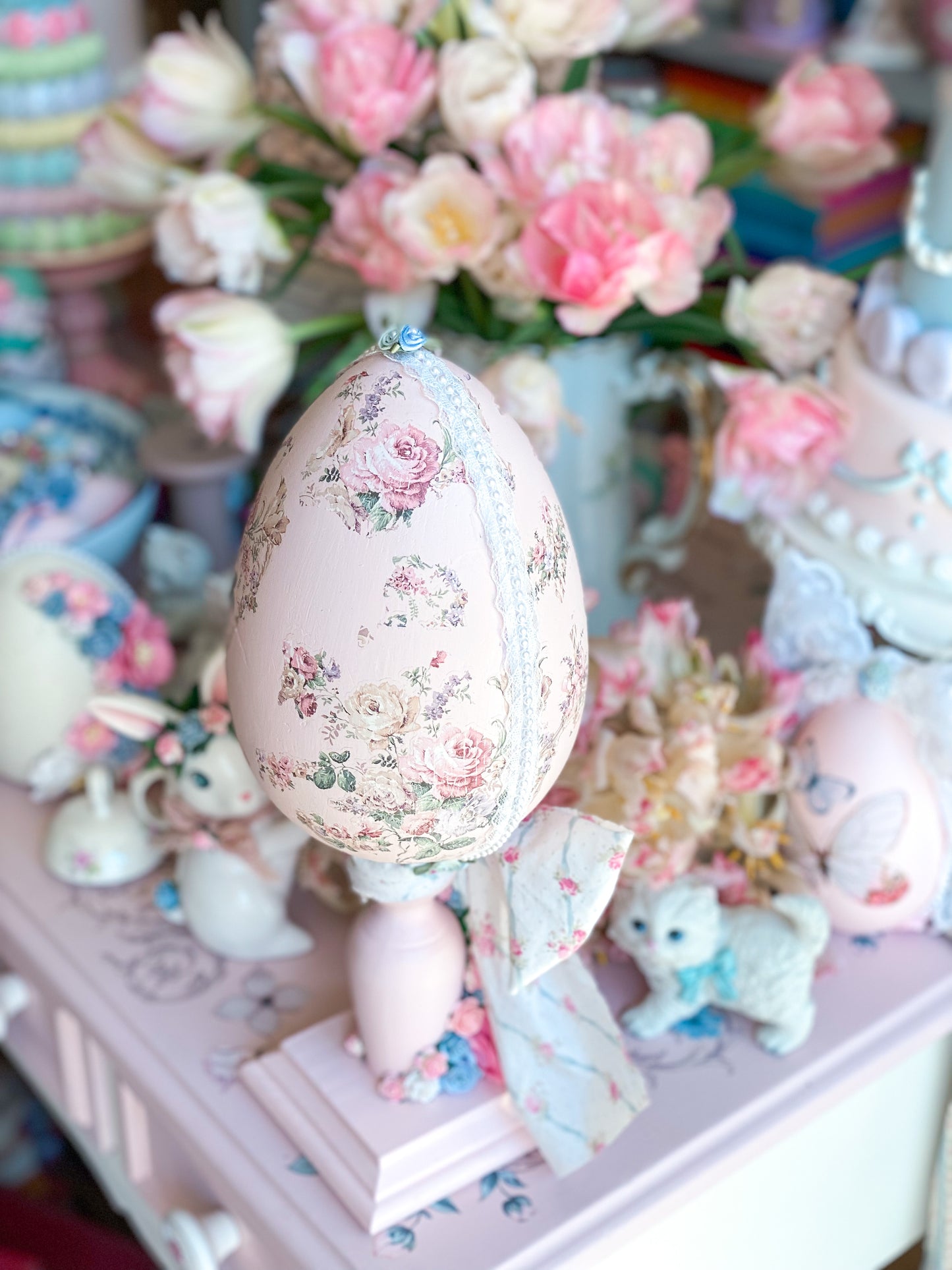 Bespoke Shabby Chic Egg Finial with Large Bow