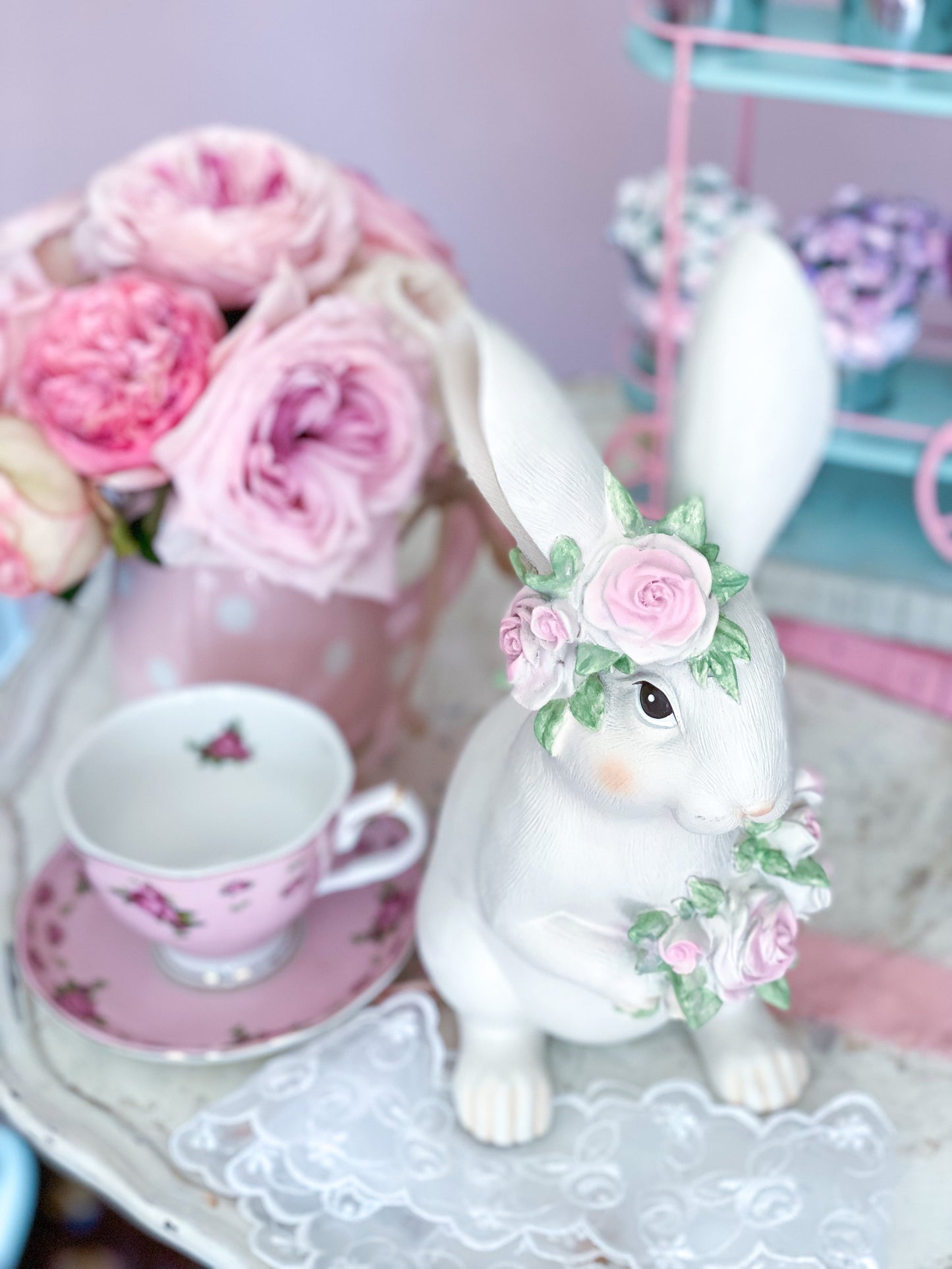 White Bunny with Pink Roses Figurine