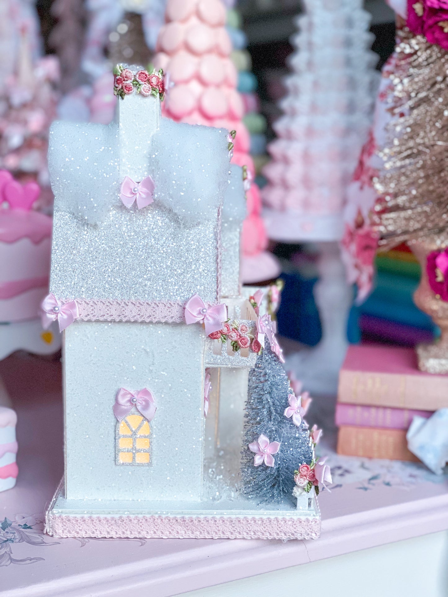 Bespoke Shabby Chic Pastel Pink & White LED light up Glitter House