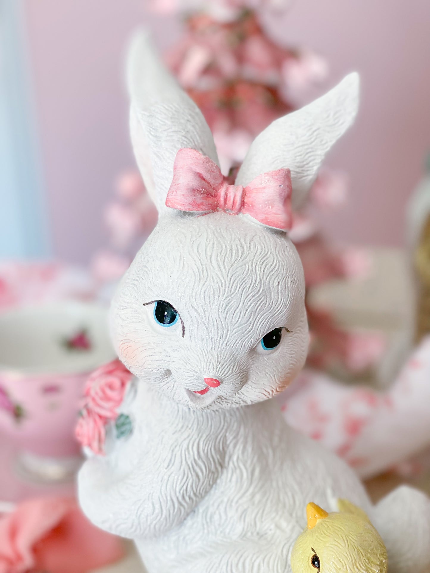 Easter Bunny and chick with pastel pink roses