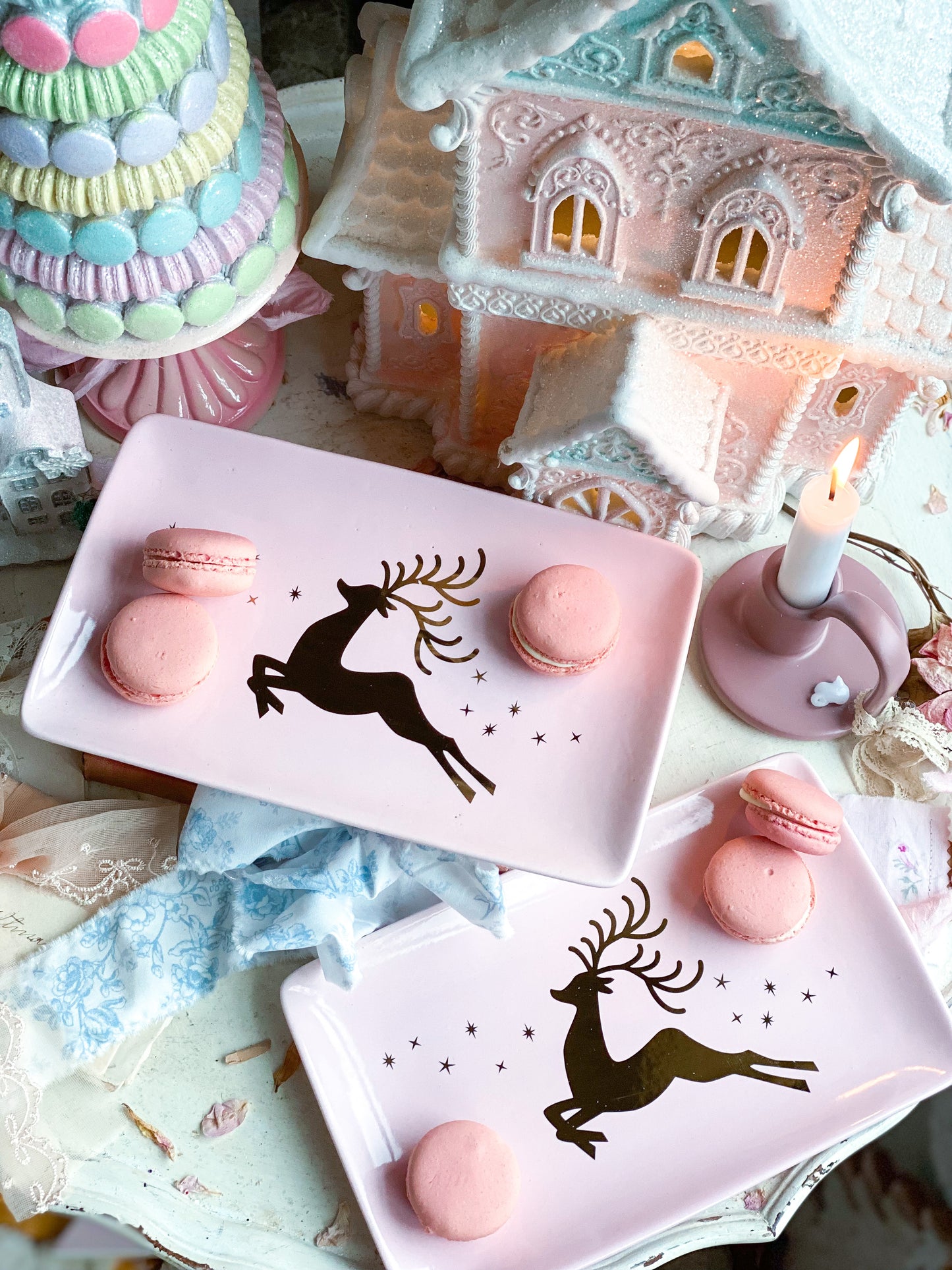 Set of 2 Pink Leaping Reindeer Platters