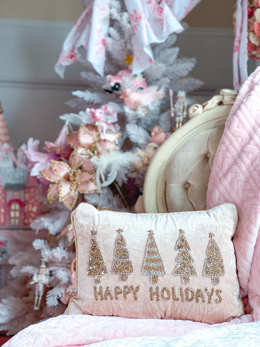 Almohada lumbar pequeña rosa rubor con árboles de Navidad con cuentas