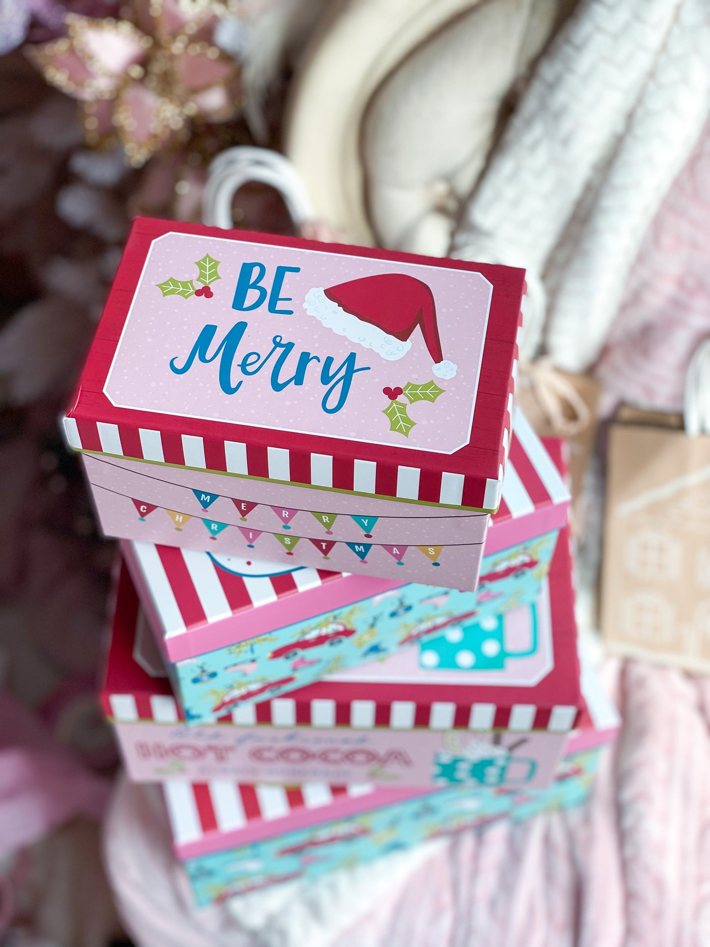 Pink, Teal and Red Merry Christmas Gift Boxes