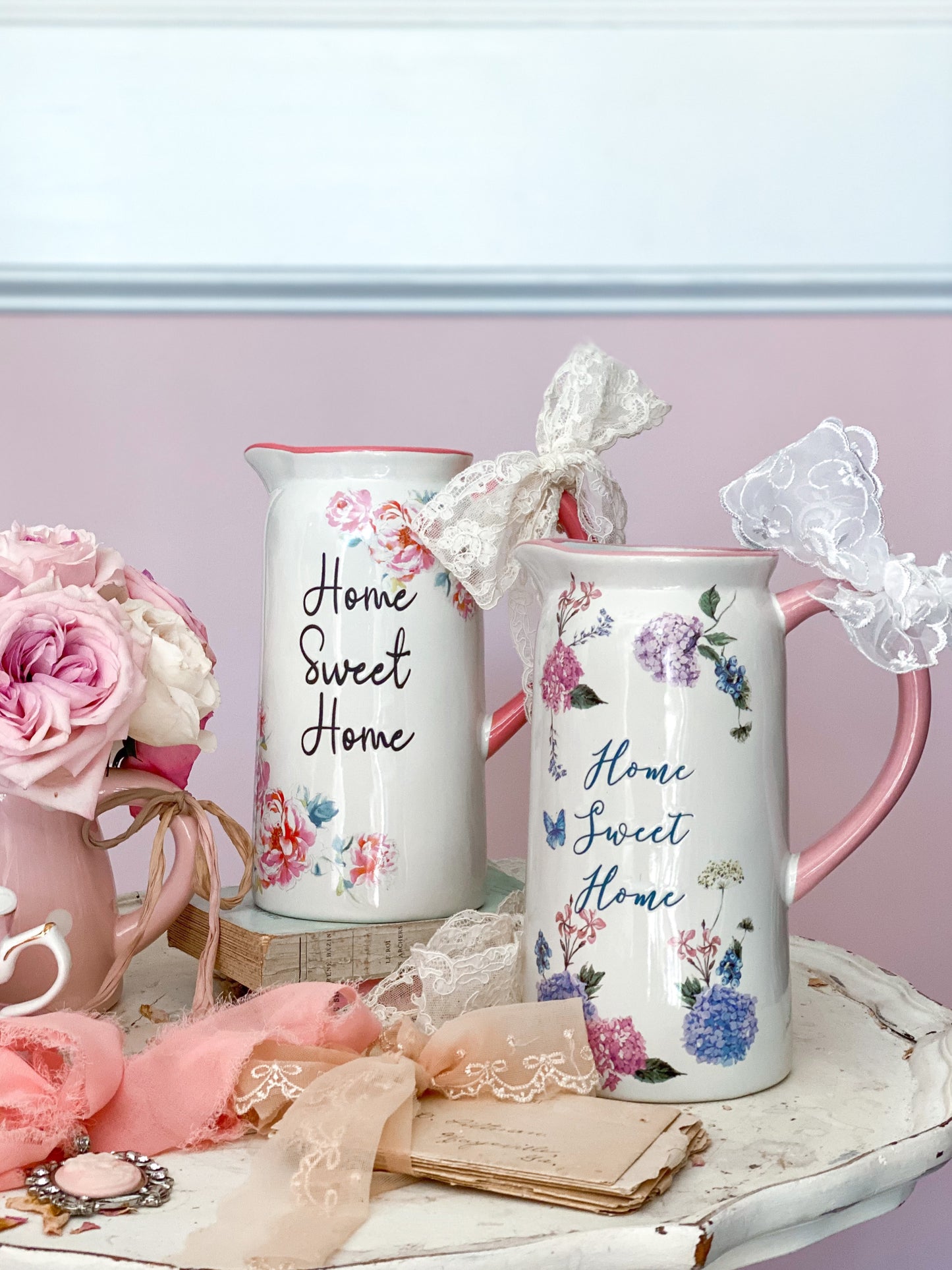 Home Sweet Home Pastel pink, blue and purple Floral Pitchers with peonies and hydrangeas