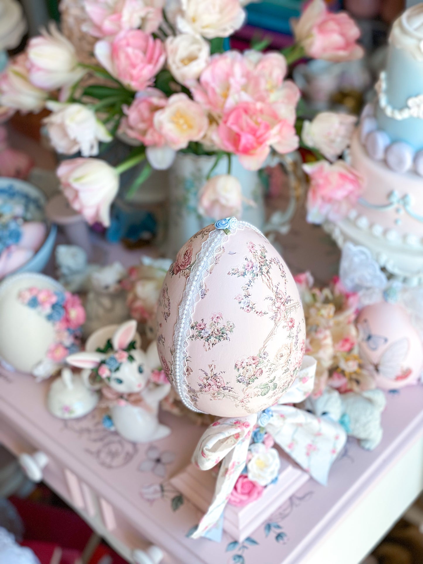 Bespoke Shabby Chic Egg Finial with Large Bow