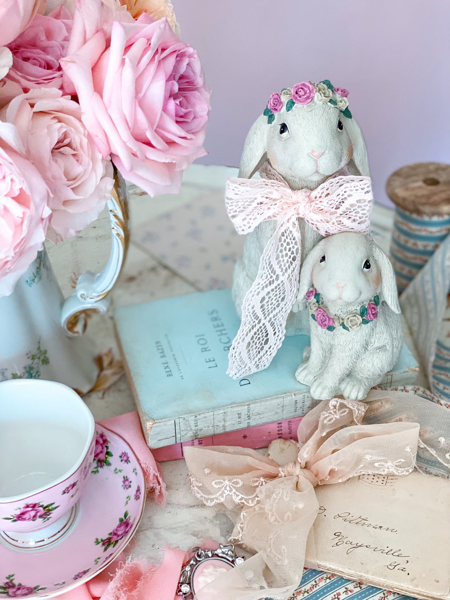 Mama and Baby Bunny with Floral Headbands Figurine