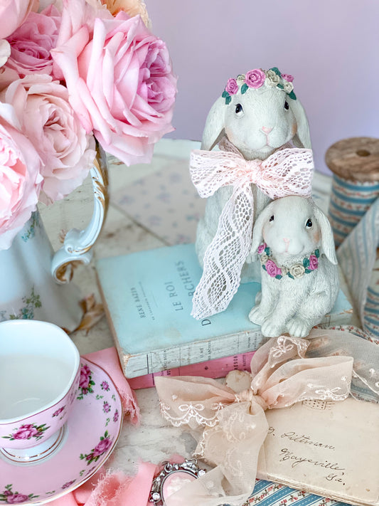 Mama & Baby Easter Bunny with Pastel Pink Floral Headbands Figurine