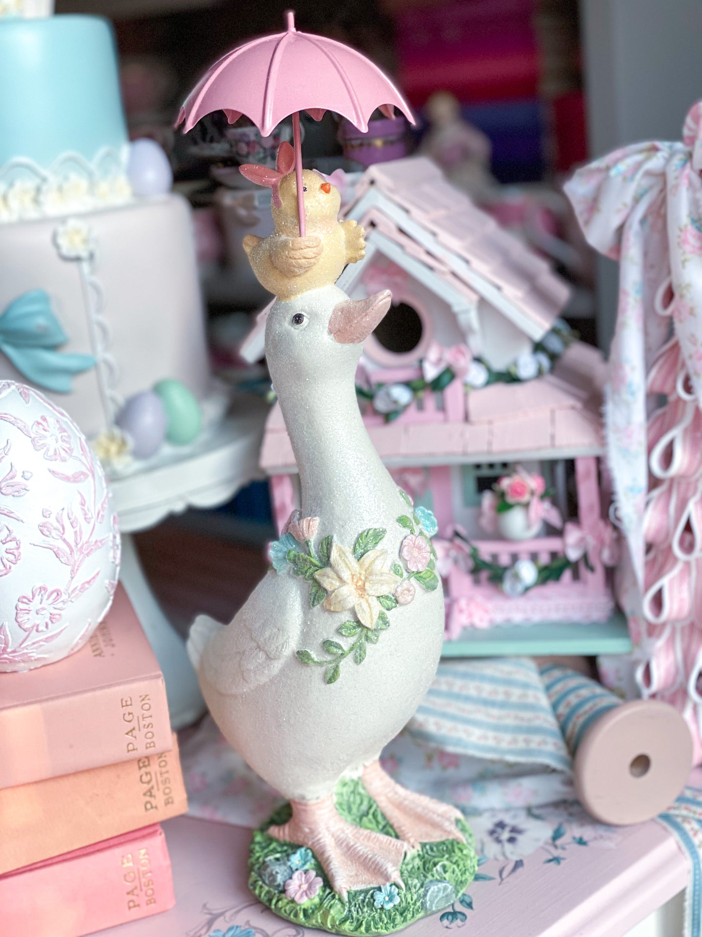 Pastel Duck With Chick and Pink Umbrella