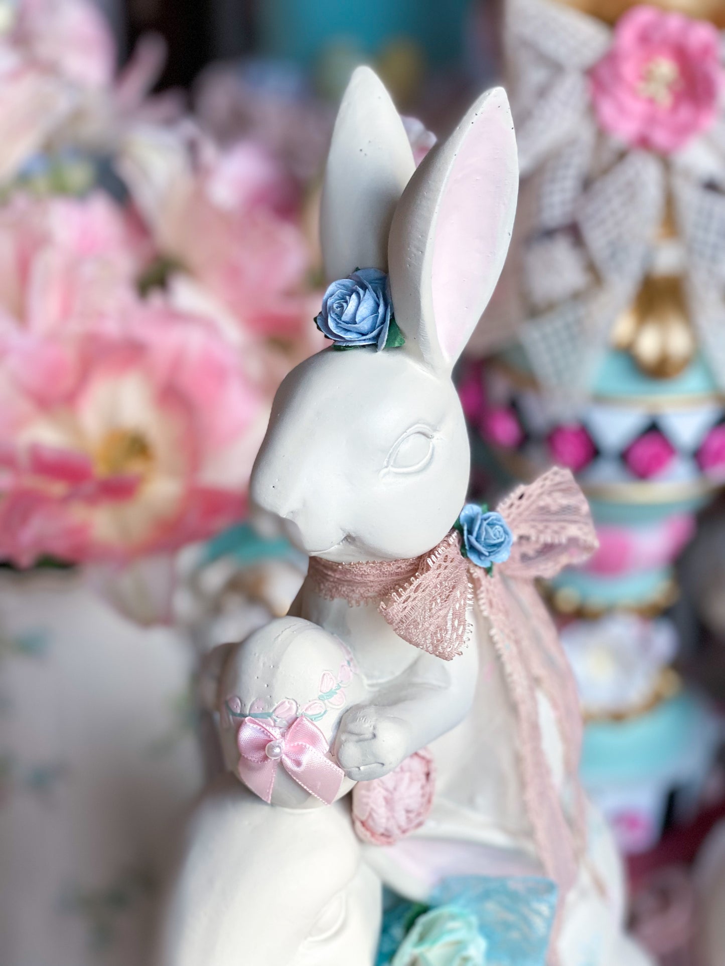 Bespoke Pastel Pink, Blue and Teal Stacked Bunnies with Flowers and Vintage Ribbon