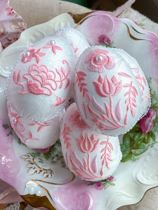 Set of 6 Shabby Chic Pastel Pink Embroidered Fabric Egg Bowl Sitters