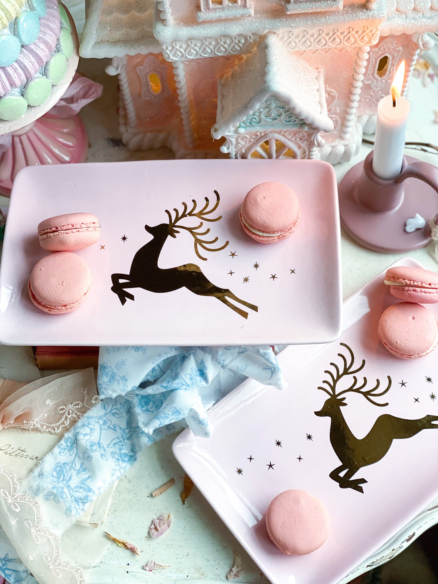 Set of 2 Pink Leaping Reindeer Platters