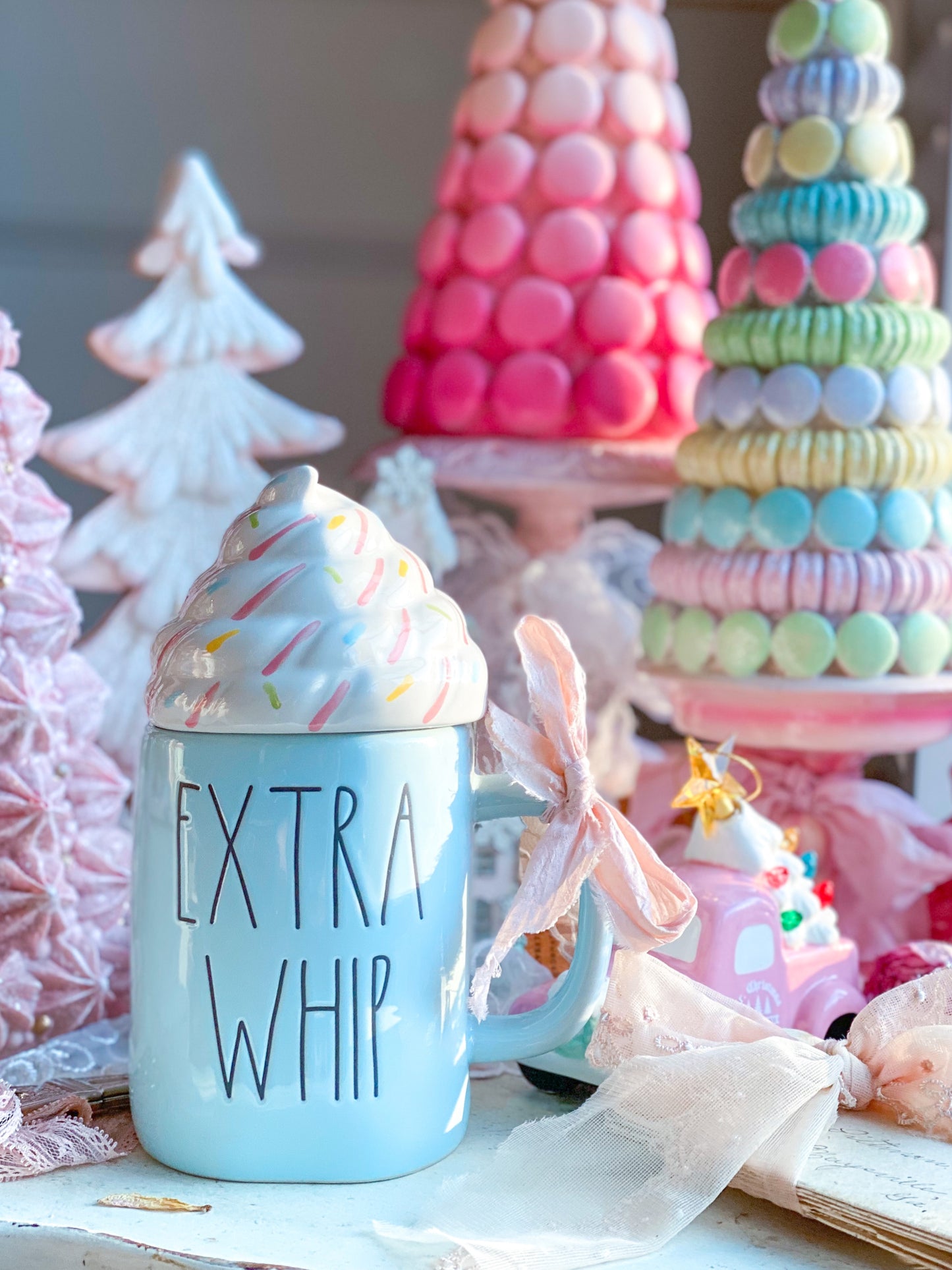 Pastel Extra Whip Rae Dunn mug with topper