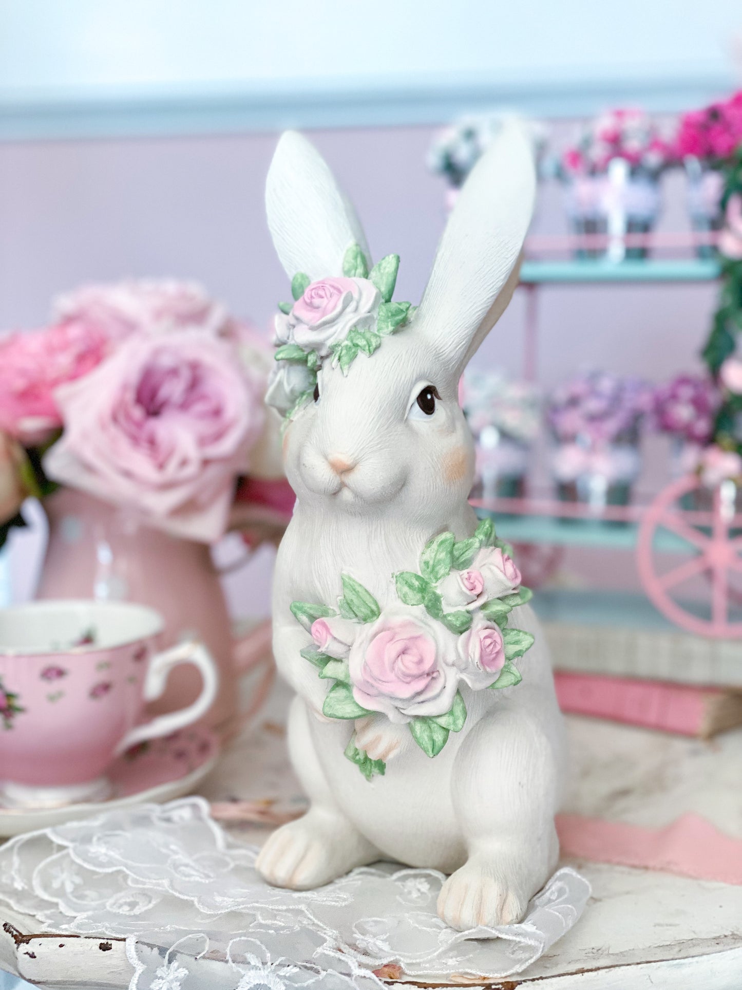 Shabby Chic Grand Millennial Easter Bunny with Pastel Pink Roses Figurine