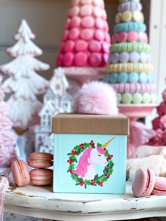 Caja de regalo cuadrada pequeña con diseño de Papá Noel y unicornio