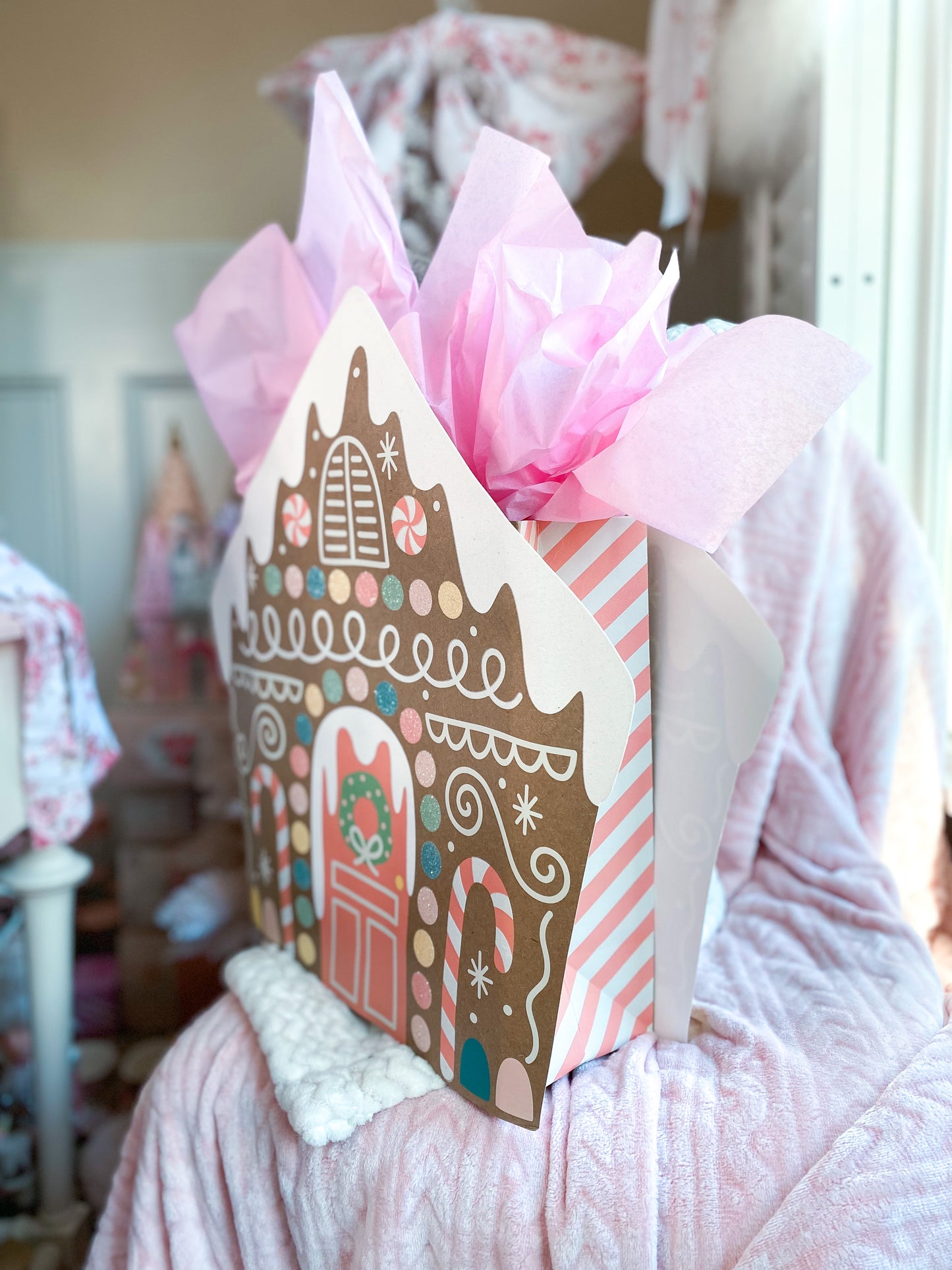 Large Martha Stewart Pastel Pink Gingerbread House Gift Bag