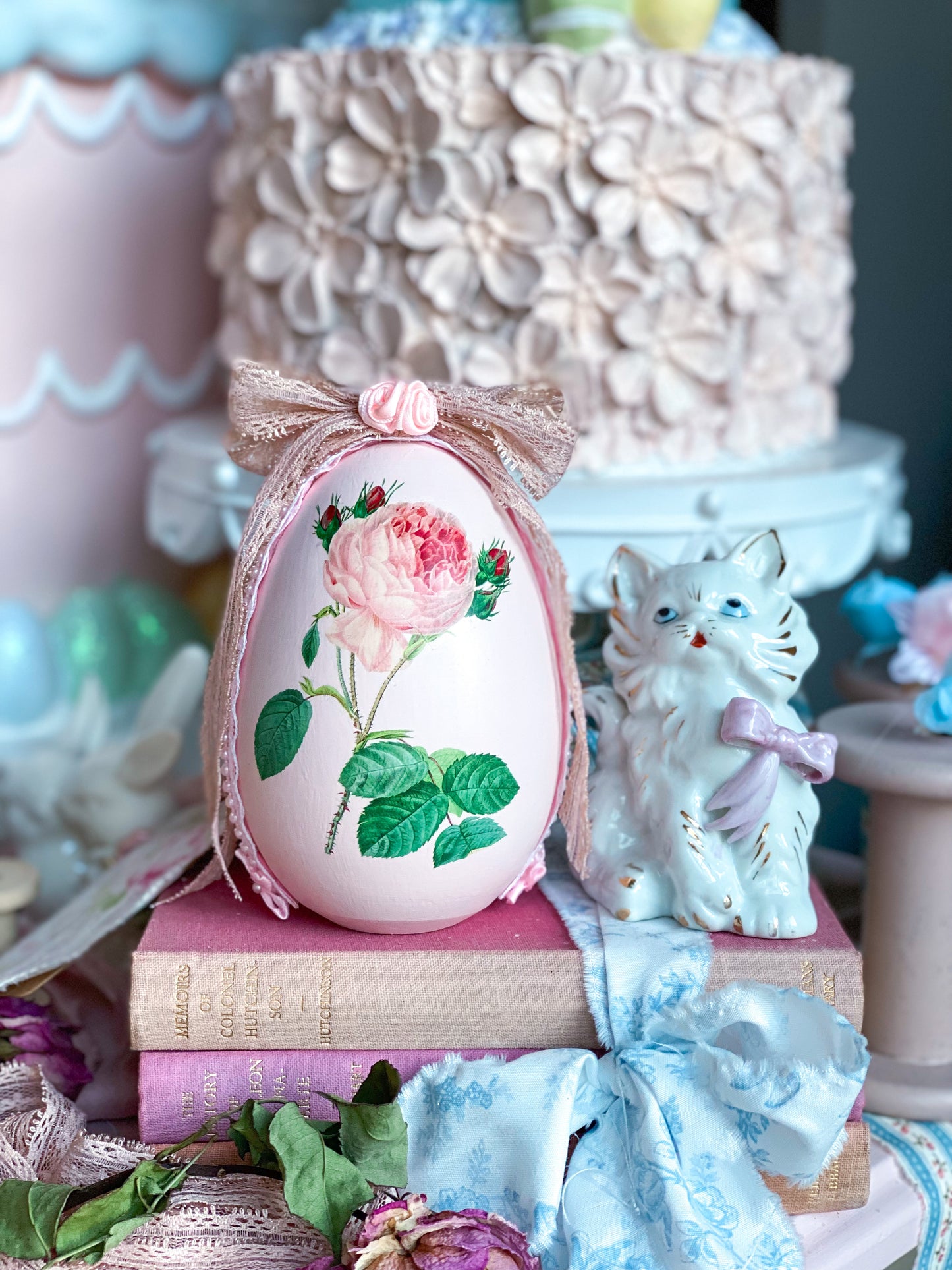Bespoke Redoute Roses Pastel Pink Handmade Egg