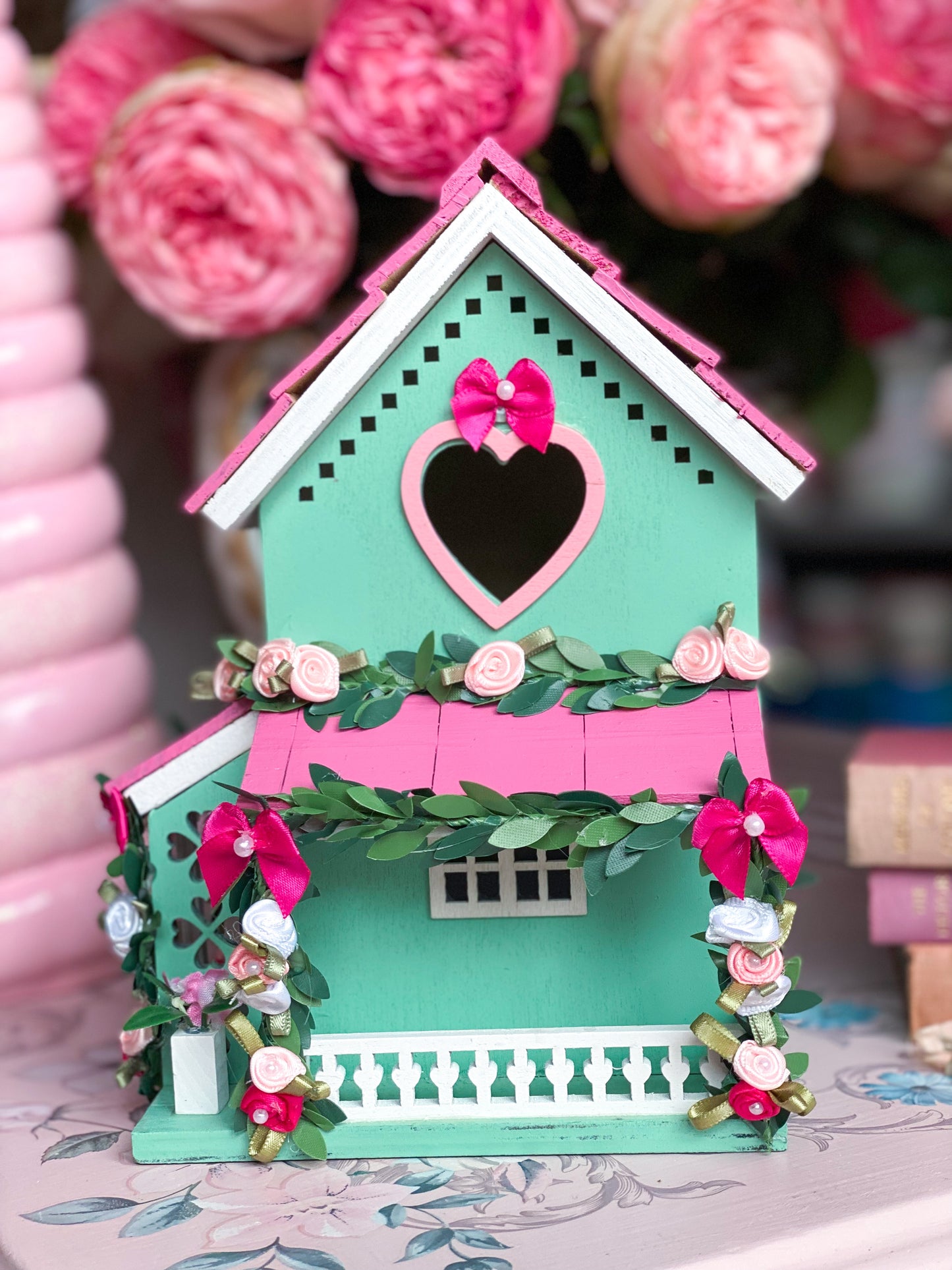 Bespoke Pastel Pink and Green Shabby Chic Floral Spring Easter Village Houses