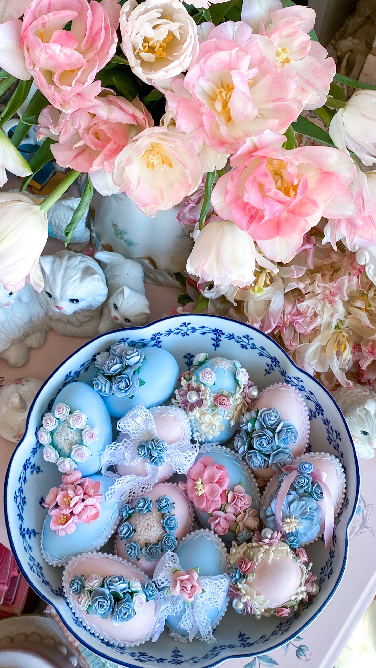 Set of 3 Bespoke Handmade Pastel Pink Shabby Chic Egg Bowl Sitters with Blue Flowers