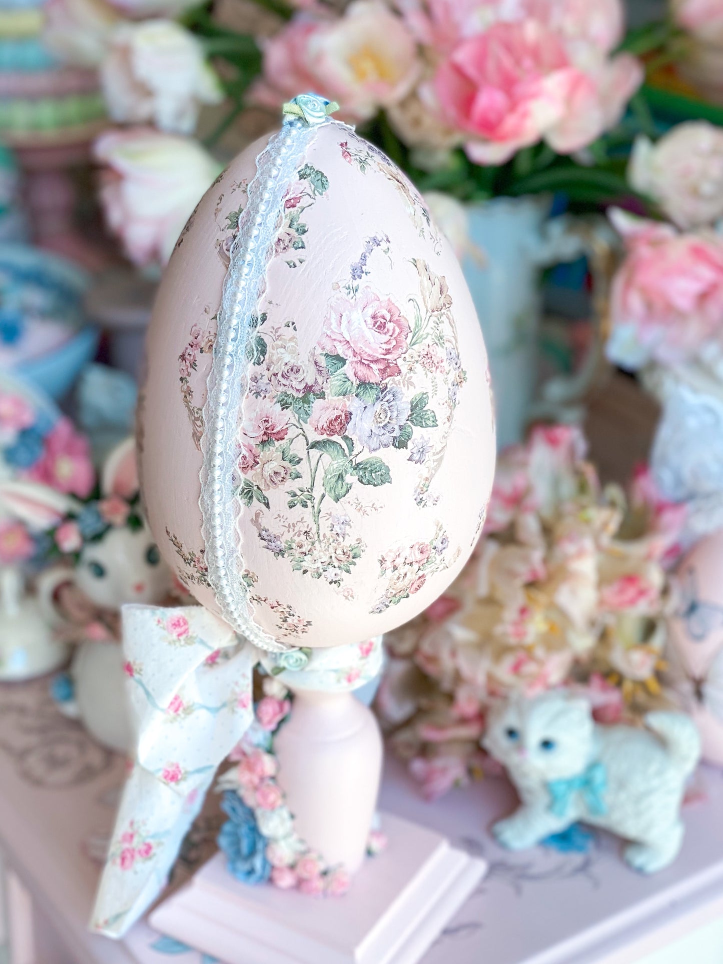 Bespoke Shabby Chic Egg Finial with Large Bow