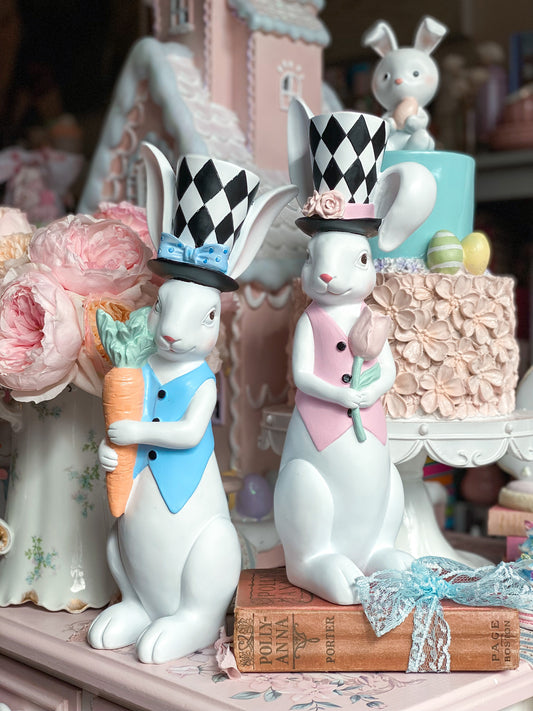 Bespoke Hand Painted Pastel Pink and Blue Mad Hatter Easter Bunnies