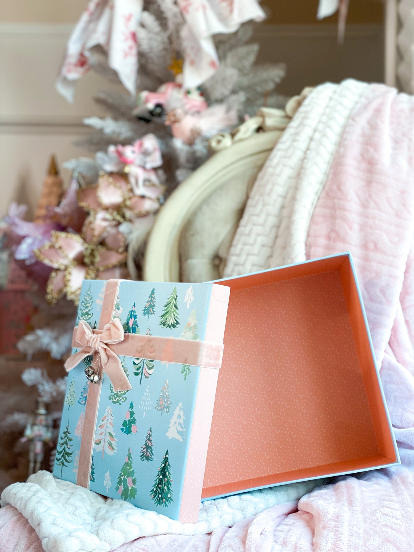 Large Blue and Blush Christmas Tree Gift Box with blush velvet ribbon