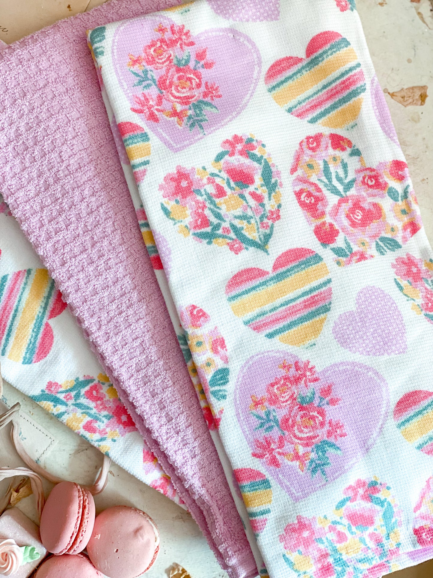 Set of 3 Pink Floral Heart Tea Towels