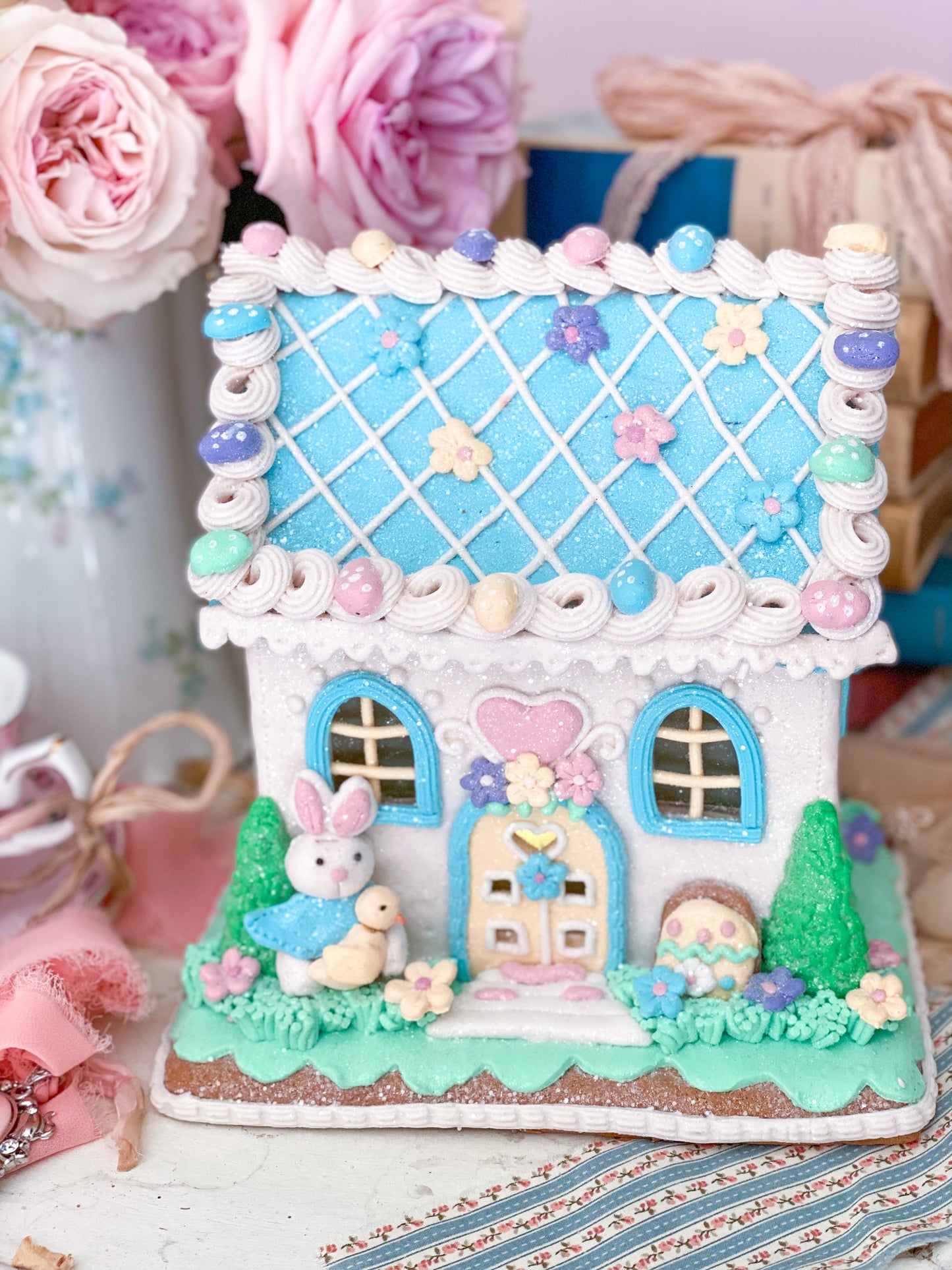 White LED light up Easter house with Pastel Blue Roof