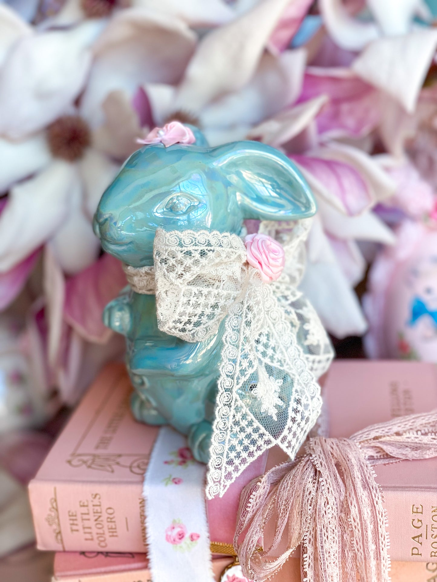 Bespoke Pastel Blue Grandmillennial Potpourri Bunny with vintage lace bow and pink ribbon flowers