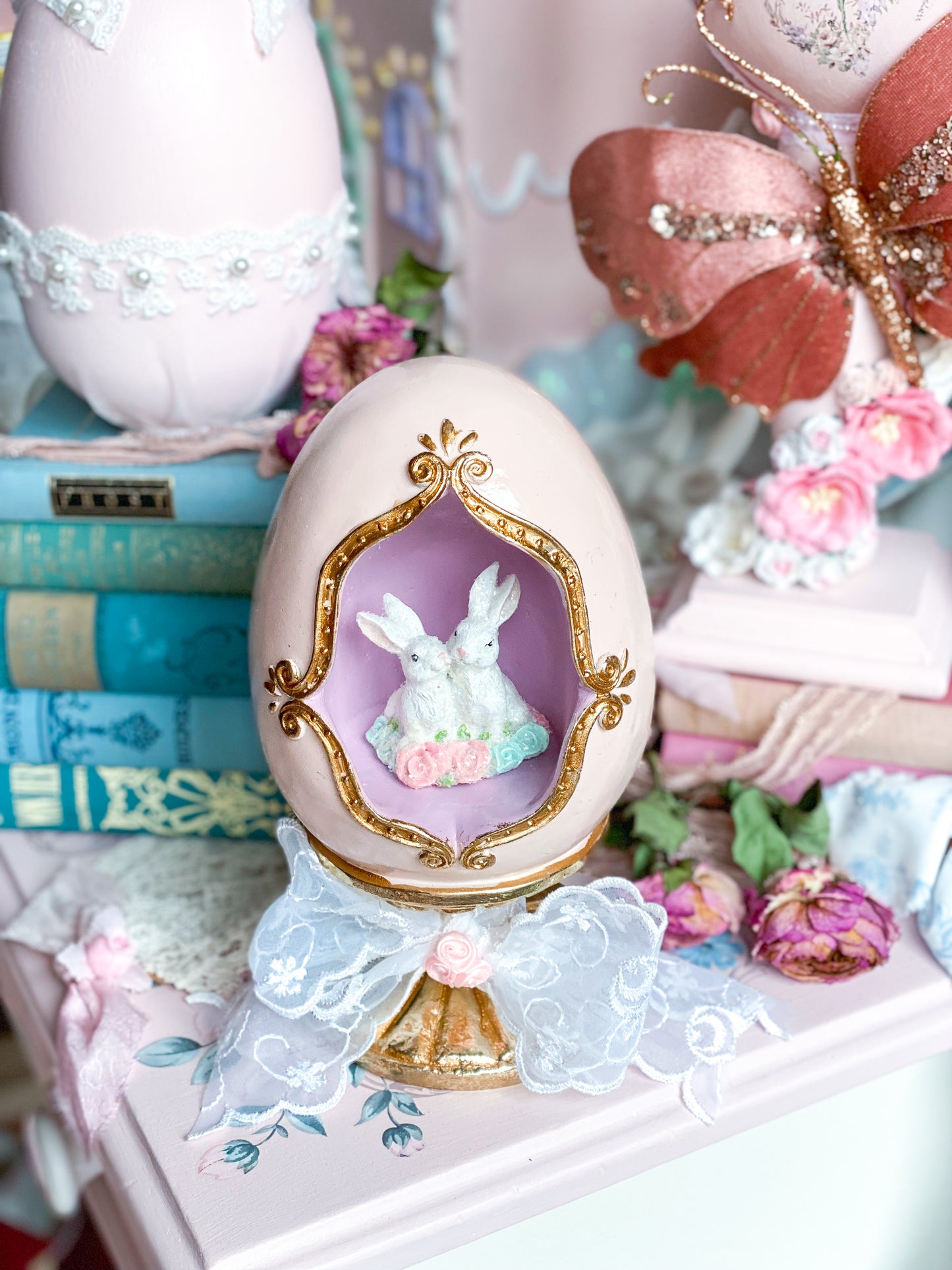 Bespoke Grandmillennial Pastel Pink and Gold Easter Bunny Egg Finial