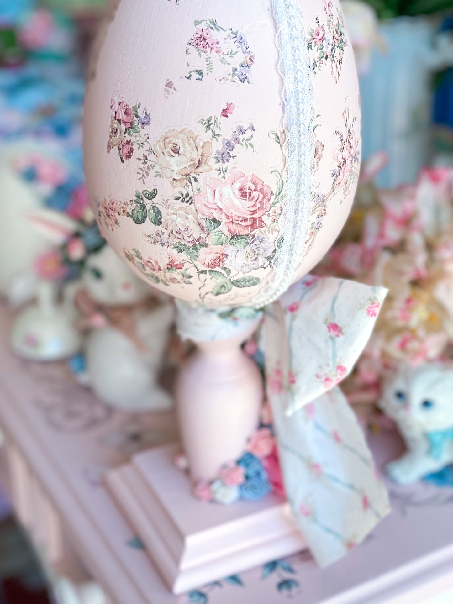 Bespoke Shabby Chic Egg Finial with Large Bow