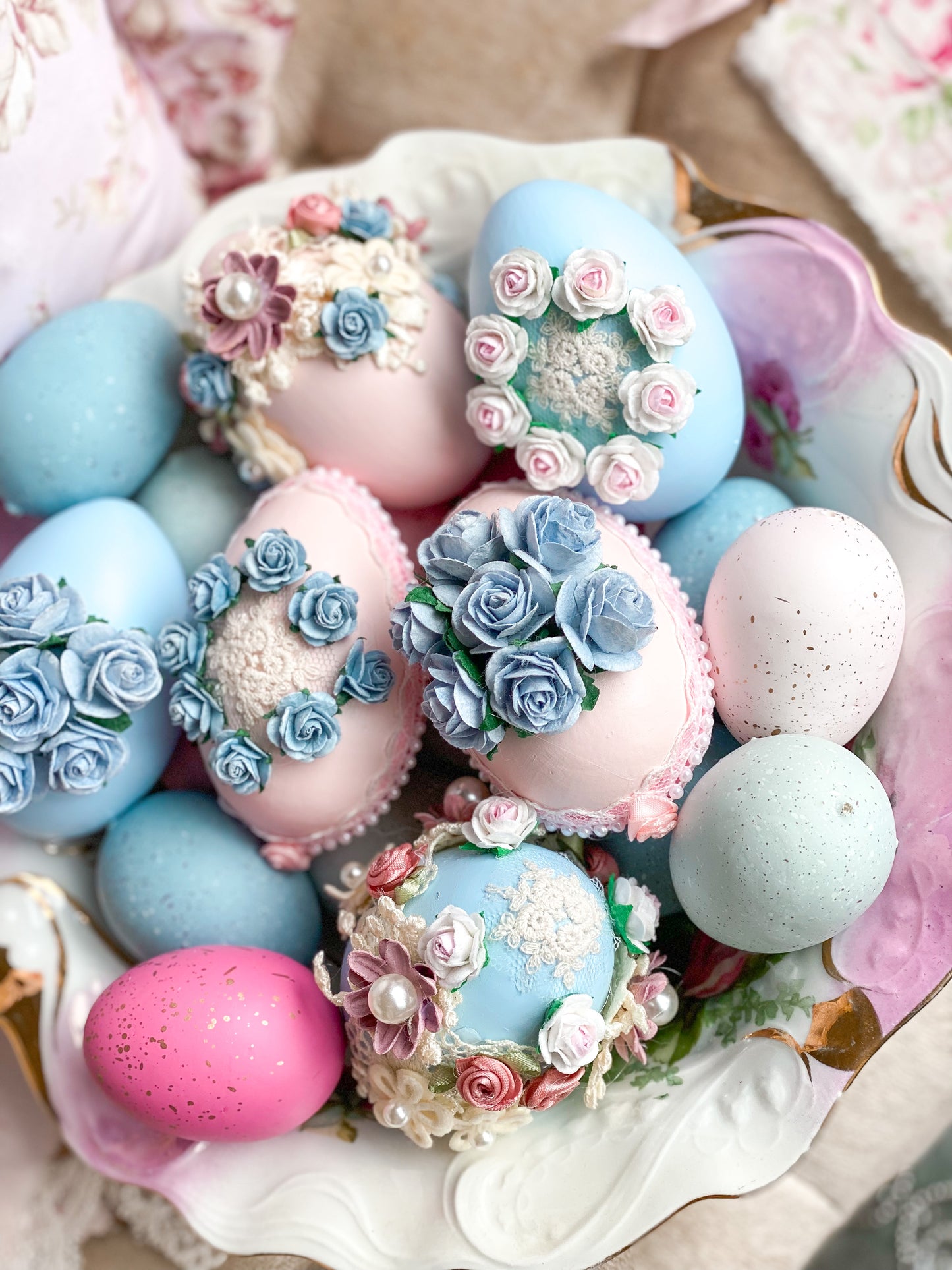 Set of 3 Bespoke Handmade Pastel Pink Shabby Chic Grand Millennial Egg Bowl Sitters with Blue Flowers