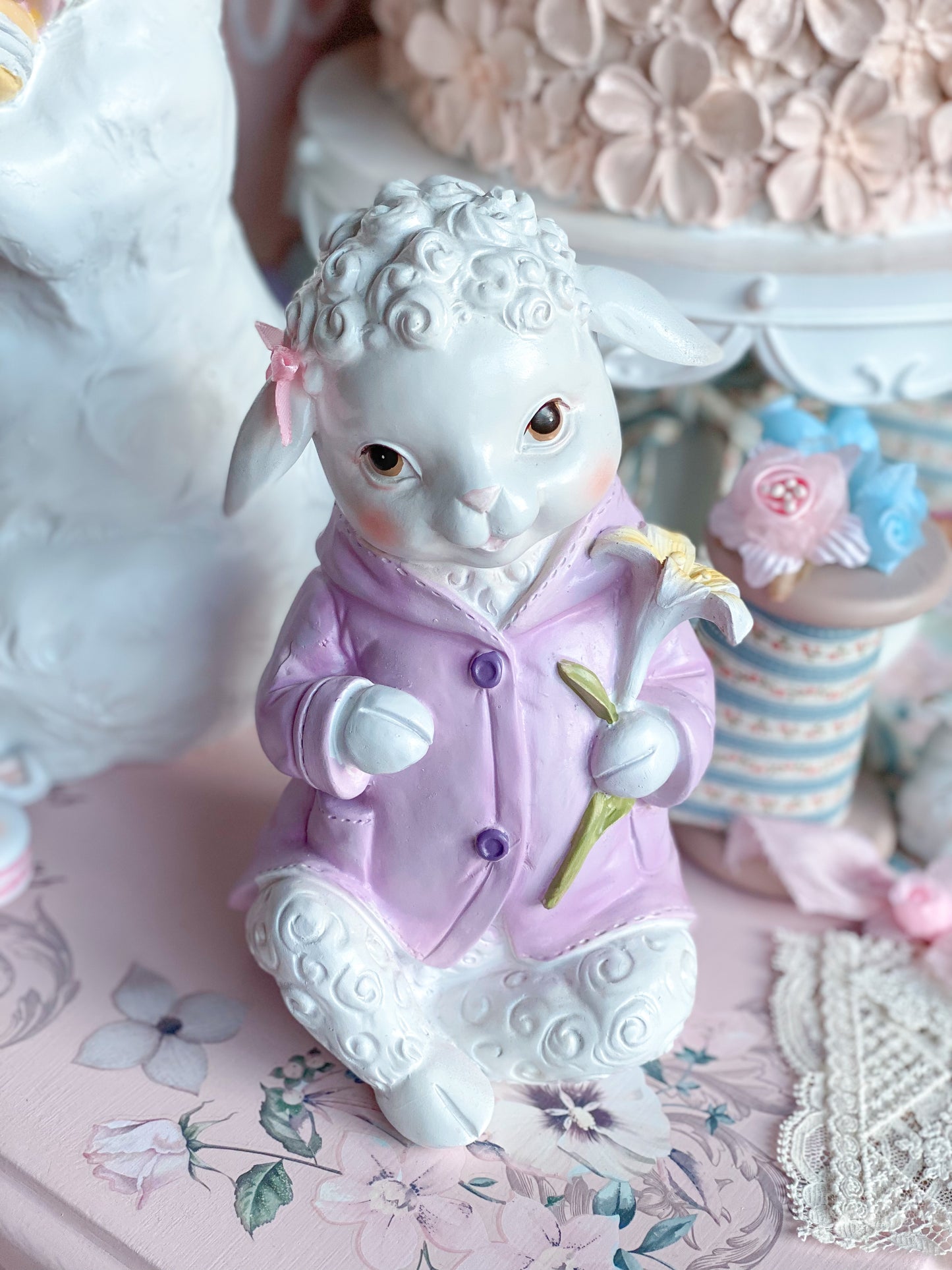 Easter Lamb Figurine in Pastel Purple Coat