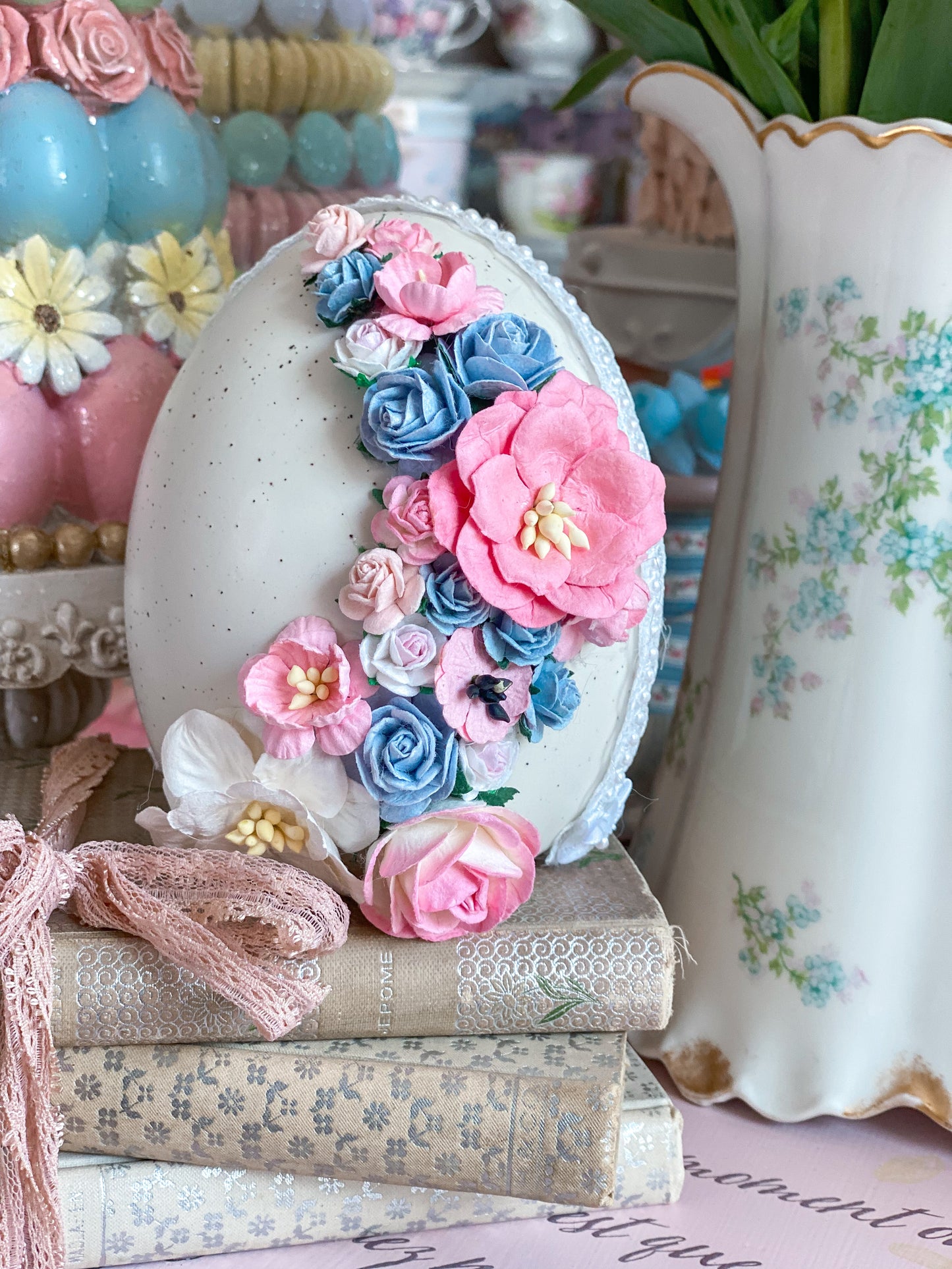 Bespoke Decorative Egg with Pink and Blue Floral Design